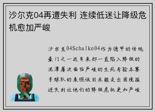 沙尔克04再遭失利 连续低迷让降级危机愈加严峻