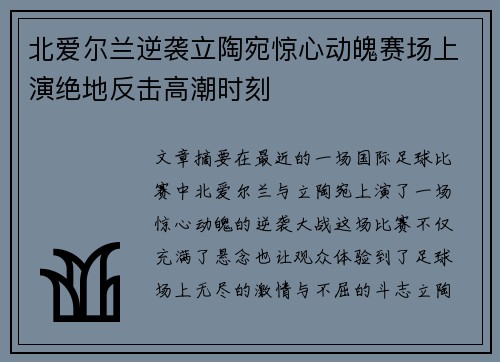 北爱尔兰逆袭立陶宛惊心动魄赛场上演绝地反击高潮时刻