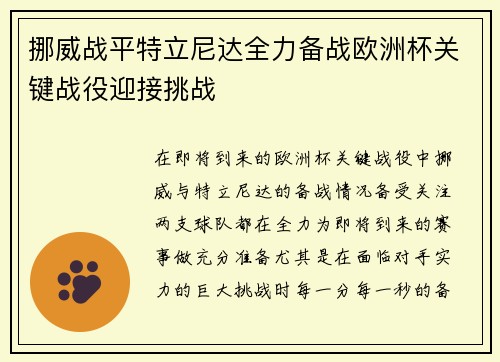 挪威战平特立尼达全力备战欧洲杯关键战役迎接挑战