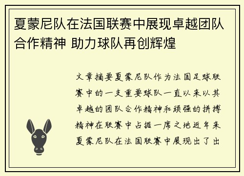 夏蒙尼队在法国联赛中展现卓越团队合作精神 助力球队再创辉煌