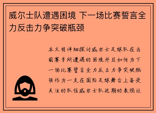 威尔士队遭遇困境 下一场比赛誓言全力反击力争突破瓶颈
