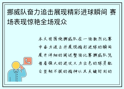 挪威队奋力追击展现精彩进球瞬间 赛场表现惊艳全场观众