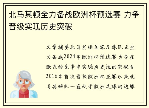 北马其顿全力备战欧洲杯预选赛 力争晋级实现历史突破