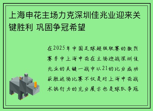 上海申花主场力克深圳佳兆业迎来关键胜利 巩固争冠希望