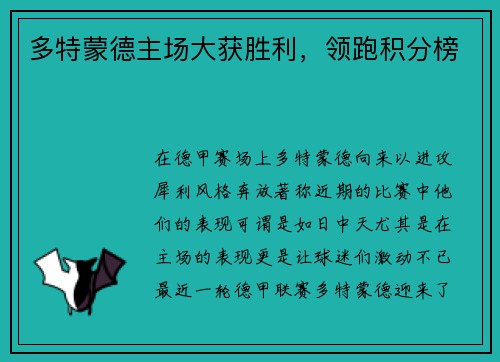 多特蒙德主场大获胜利，领跑积分榜