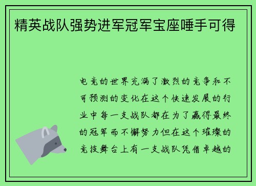 精英战队强势进军冠军宝座唾手可得