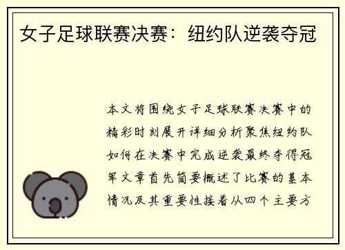 女子足球联赛决赛：纽约队逆袭夺冠