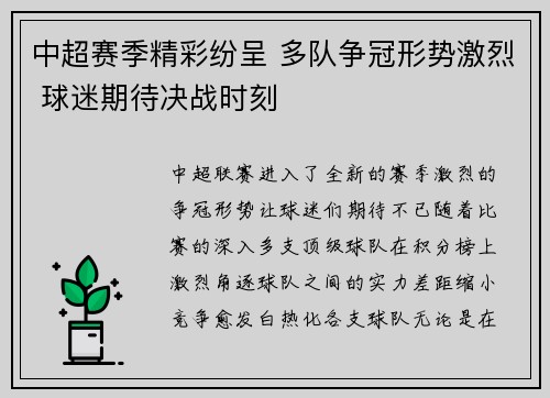 中超赛季精彩纷呈 多队争冠形势激烈 球迷期待决战时刻