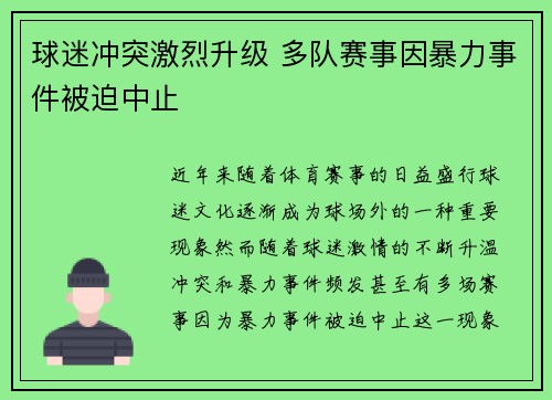 球迷冲突激烈升级 多队赛事因暴力事件被迫中止
